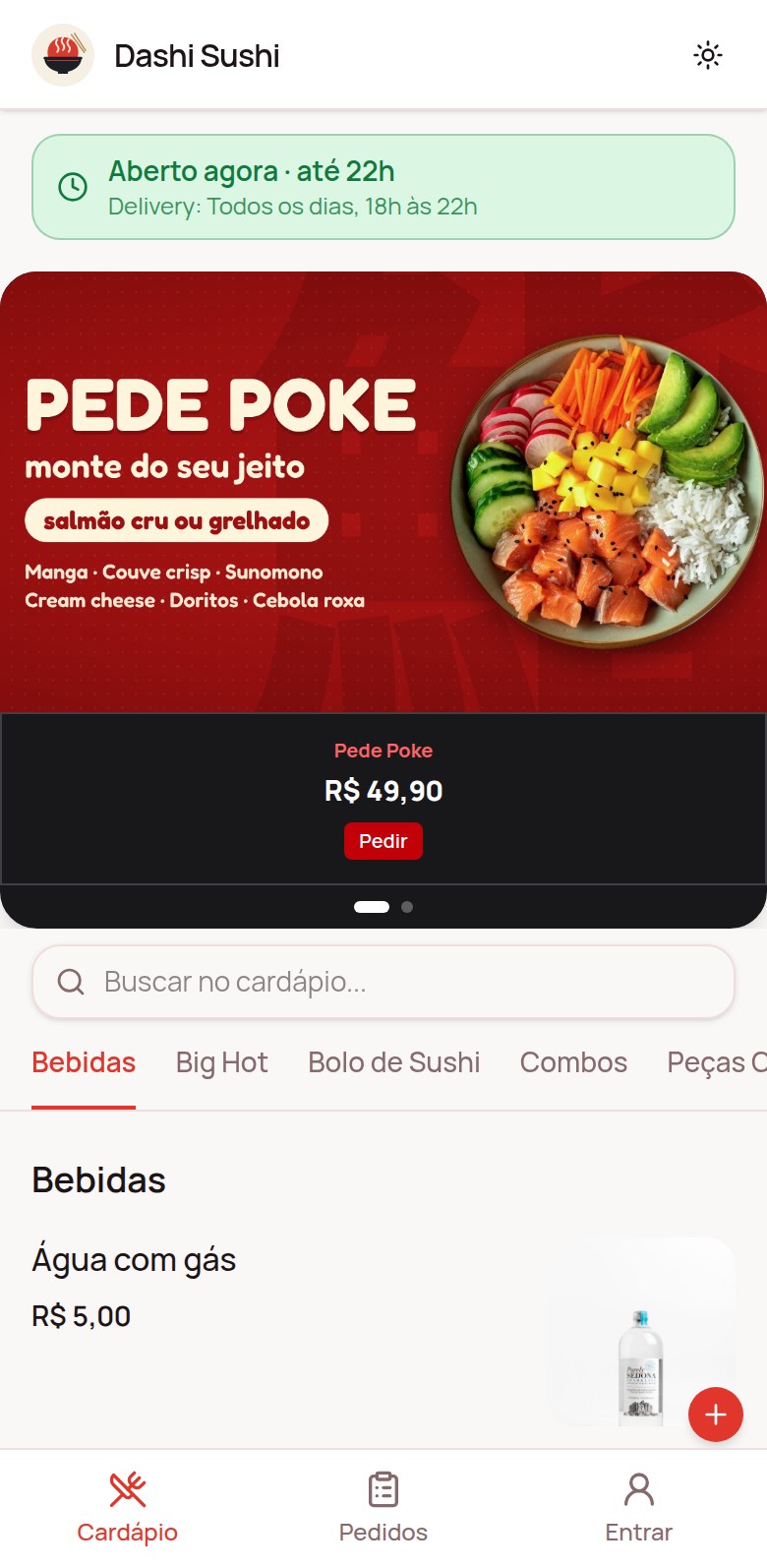 Cardápio da Dashi Sushi no celular, com o banner do Pede Poke